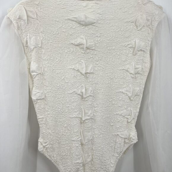 VTG Bhatti France Lace Ruffle Bodysuit Shoulder Pads Victorian S/M Classy - Picture 14 of 16